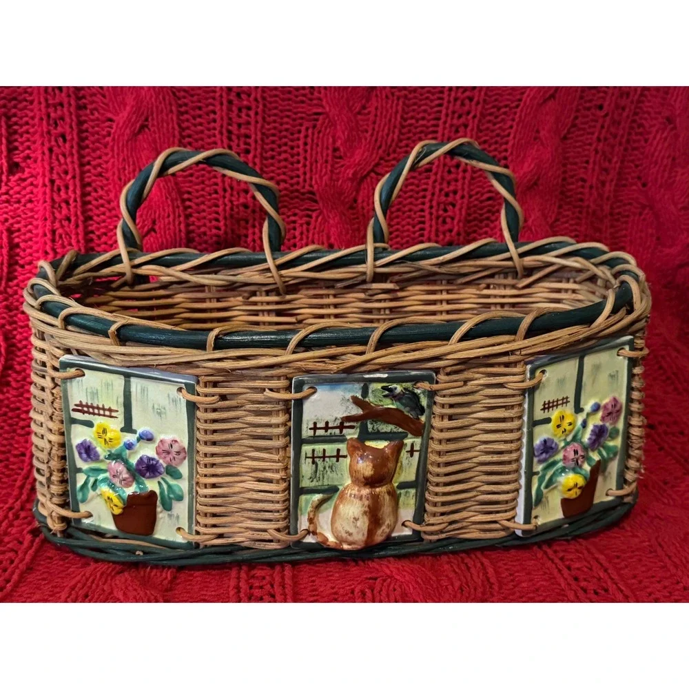 Vintage Wicker Wall Hanging Basket 3D Ceramic Cat and Floral Tiles Cottagecore